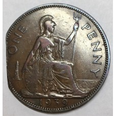 GREAT BRITAIN UK 1939 . ONE 1 PENNY . ERROR . CLIPPED PLANCHET